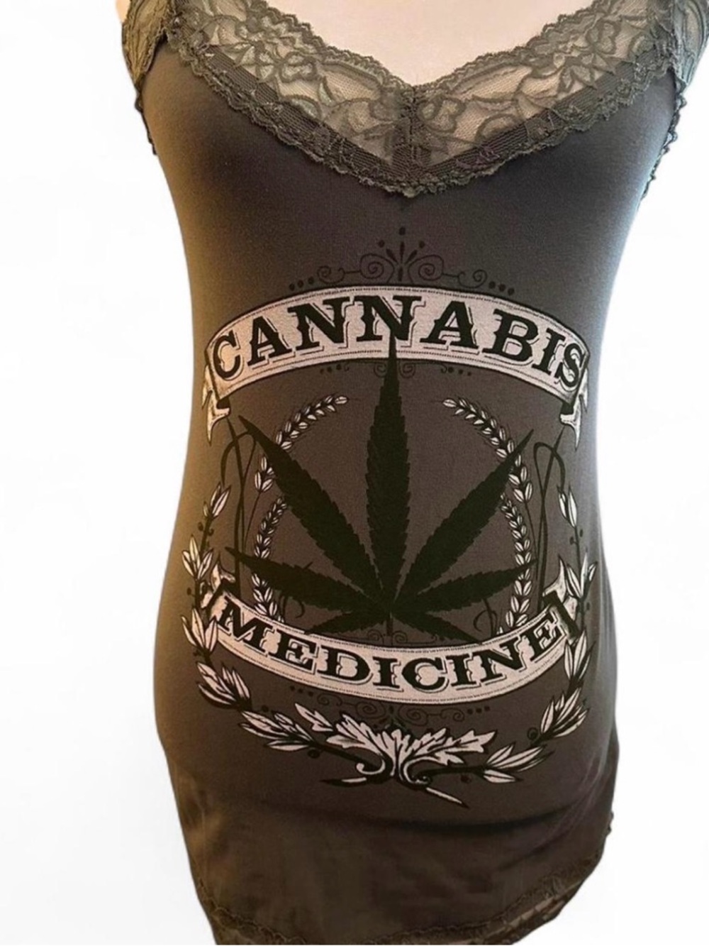 Dolls Kill Olive Green Lace-Trim Cannabis Medicine Mini Dress